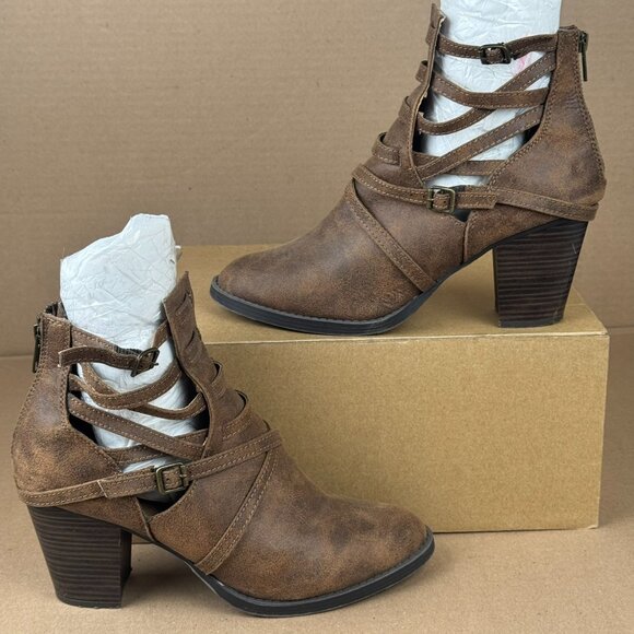 JustFab Women’s Brown Strappy Ankle Booties US 10 Block Heel Zip Back Pre-Owned - Picture 2 of 8